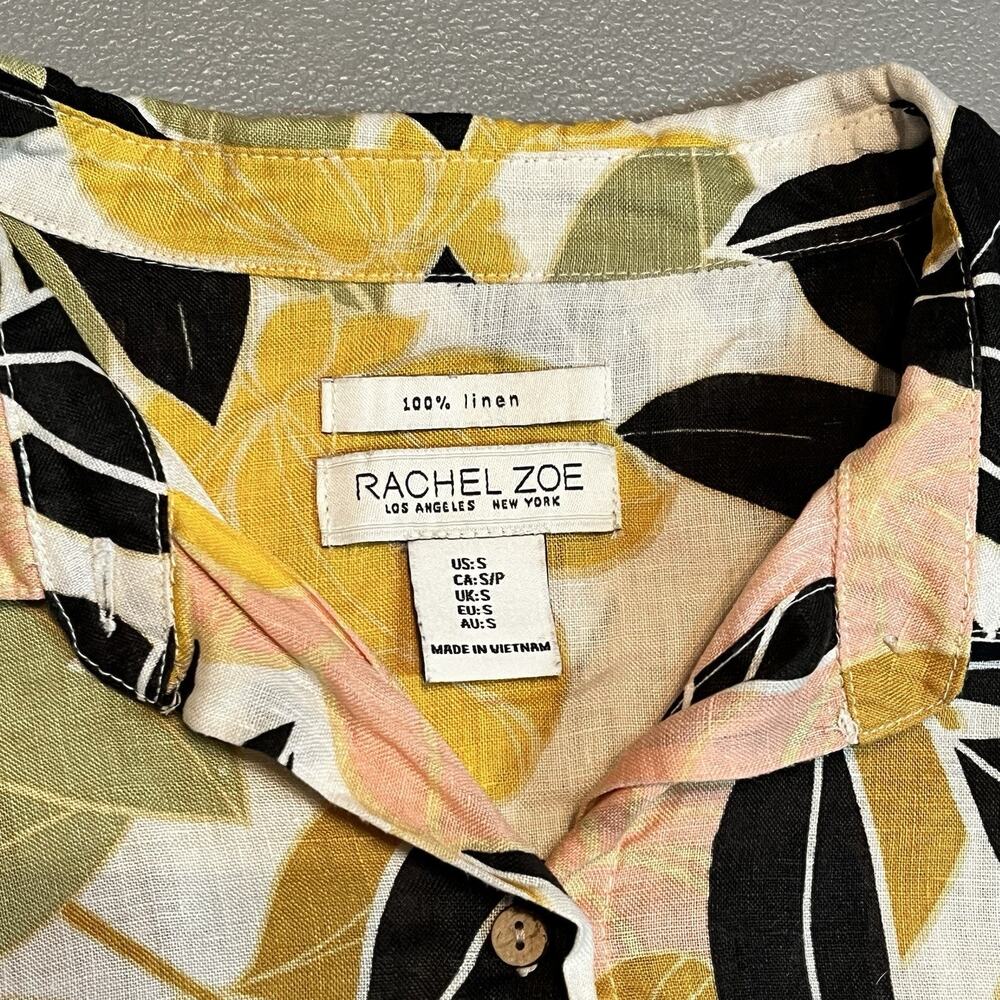 Rachel Zoe 100% Linen Top Botanical Tropical Leaves pleated buttonup small shirt - Picture 4 of 8